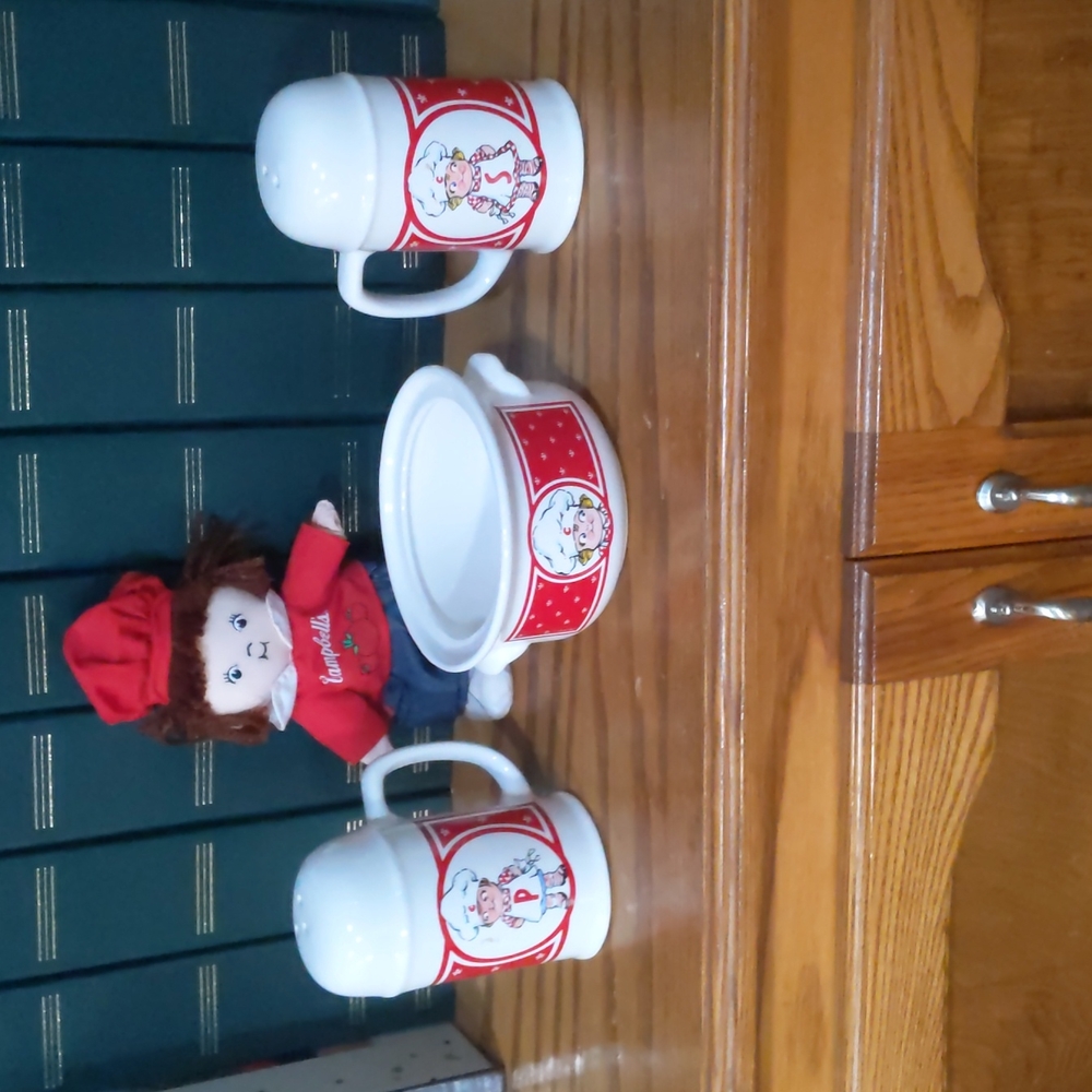 Vintage Campbell's salt and pepper shakers., Soup bowl and Campbell's doll